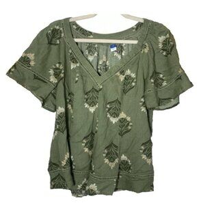 Old Navy Green V-Neck Lace-Trim Top Ruffle Short Sleeve